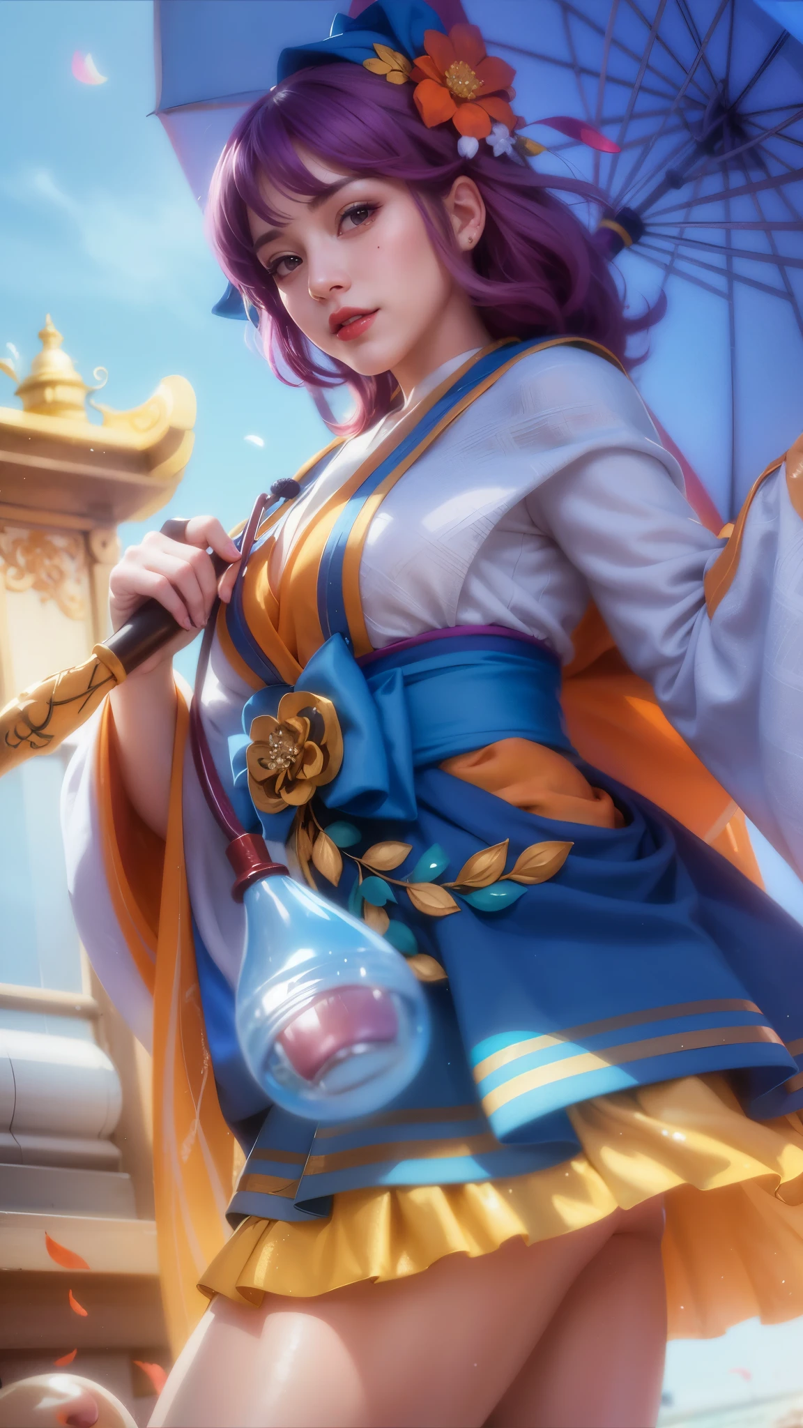 girl with purple hair holding a umbrella, red lips glossy, 8k, ultra hd, ultra detailed texture, hyper realistic, masterpiece, detailed texture, detailed face, detailed skin, detailed lighting, (photorealistic:1.5), best quality, beautiful lighting, cinematic lighting, professional lighting, ultra highres, realistic, detailed hair, real hair, high quality, (realskin:1.5), extremely detailed, finely detail, ultra-detailed, smile, purple eyes