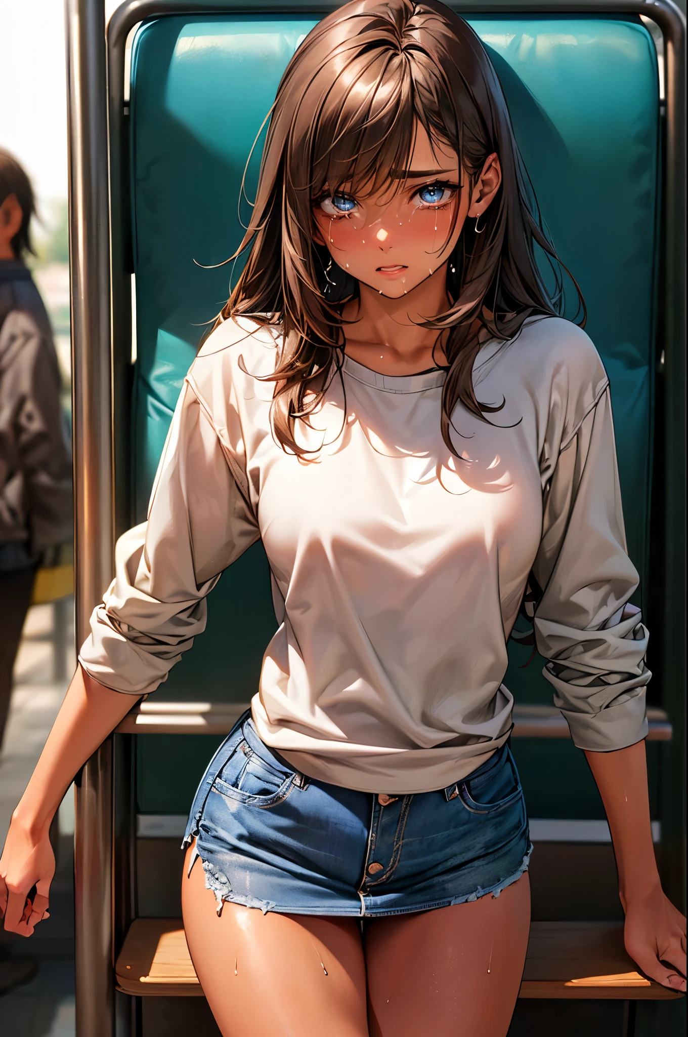 ((perfect anatomy:1.2,realistic:1.3,RAW Photography:1.3,masterpiece、highest quality、Ultra - High resolution、High resolution、Highly detailed CG、8K)),cowboy shot,1 female,solo,18 year old beauty, Japanese、((beautiful detailed face and eyes:1.2,big gorgeous eyes:1.2,crying,)),dark brown hair,long hair,bangs,medium breasts,slender body,small head:1.5,skinny,(brown skin:1.4),(oily skin,gleaming skin,shiny skin,sweat),(Oversized light_gray sweatshirt,Denim tight mini skirt、white socks、black loafer shoes),on the train,Tokyo、