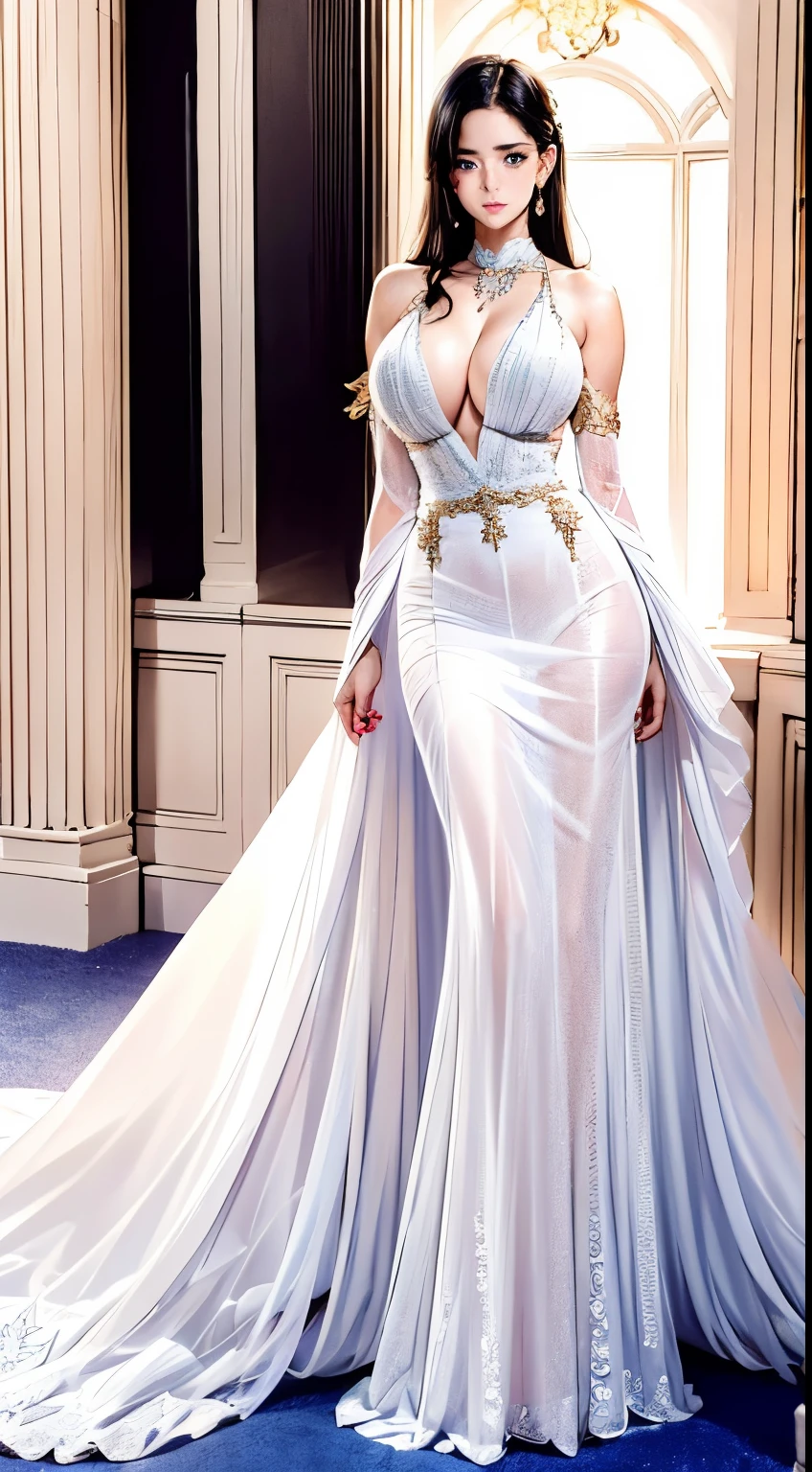 (best quality,8k,highres,masterpiece:1.2), gentle lighting, a solitary American woman, posing, showcasing her backside, glancing at the audience, (blue eyes, long golden hair), wedding dress, bridal gown, ([luxurious tuxedo:1.2][:wedding dress:1.4]), (face:1.3), indoors, peeking through her bangs, necklace, ([cathedral:1.2], wedding), intricate lace，full-body shot，