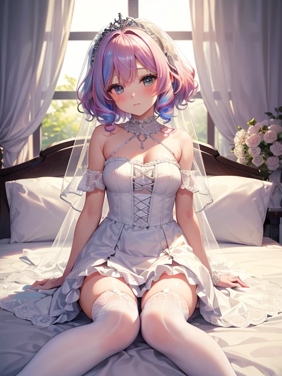 ultra-detailed、(8k, RAW photo, best quality, masterpiece:1.2), (extremely detailed 8k wallpaper),professional lighting,sharp focus, depth of field、()fullbody),((Beautiful Bride)),((fluffy short bob、rainbow colored curl hair、curly hair))、complete wedding dress、lace veil、lace shawl、tiara、necklace、((knee high socks)),((Sit on the bed with your legs closed))、(blush)、((be ashamed),many flowers behind、luxury bed