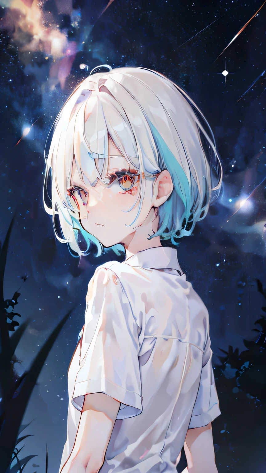 white short hair,girl,Colored pupils,Wears a white long-sleeved shirt,Only the upper body is visible,Look back at me,night background
