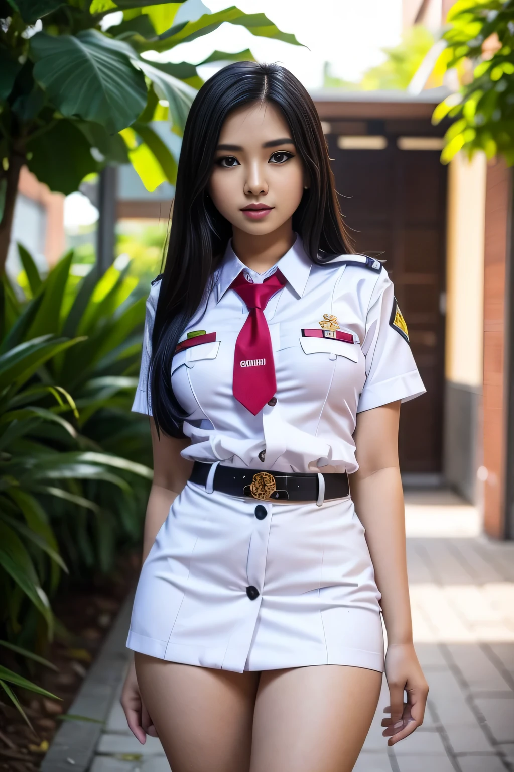 Beauty Indonesian woman in student uniform, beauty big breast, show pubic hairs, vivid colors, bokeh