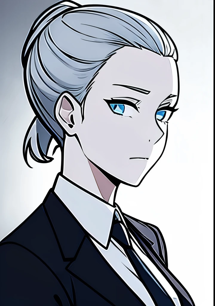 One Young Adult female, pale blonde slicked back into a short ponytail with a single bang on the left hand side, steel blue eyes, light and carefree expression, wearing black suit jacket and tie, portrait style, facing forwards