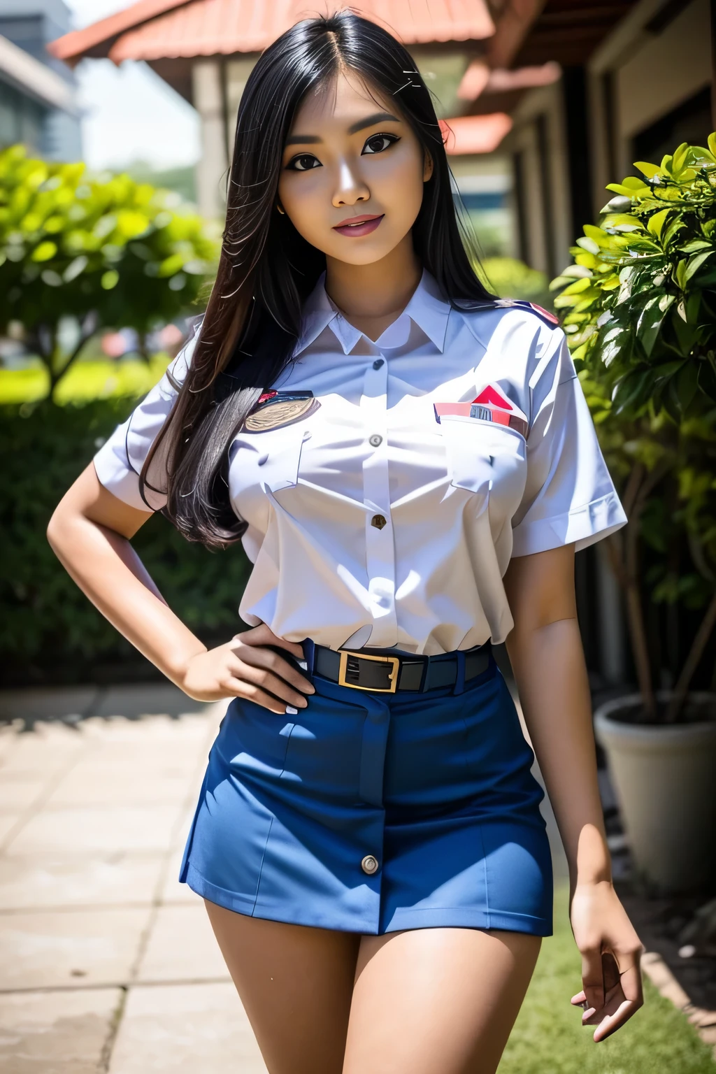 Beauty Indonesian woman in student uniform, beauty big breast, show pubic hairs, vivid colors, bokeh