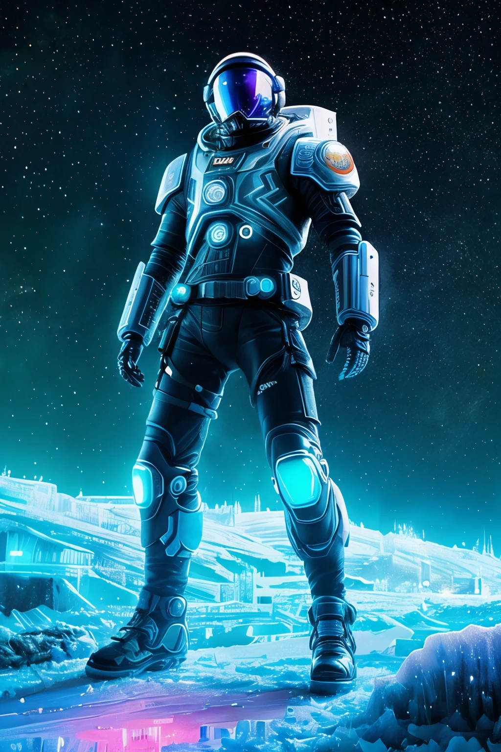 Cyberpunk astronaut, (1figure:1.1), lone figure, intricately detailed armor, close-up portrait, neon watercolor, paint splatters and drips, (high definition:4k Ultra HD), (stellar: 32k), frosty glitter pointillism magic, glacial ice planet terrain, (frozen: ❄️), (star-studded: ⭐️⭐️⭐️), many glowing, shining, shimmering stars,honed and polished cybernetic features, intense, vibrant neon colors contrasting icy terrain, (detailed textures: hyperrealistic),