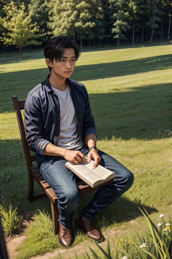illustration for a book about a man,who sits on the grass,in a meadow 