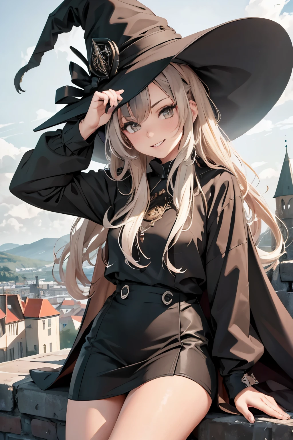 A mystical otherworldly half-timber town, Standing lxbll, Black coat, white t-shirt, a black skirt, beautiful thigh, Beautiful feet, Looking at me with a mischievous smile, Black ankle boots, Large witch hat, Dark brown eyes with highlights, On a hilltop with a panoramic view of the town, Historic big castle, hiquality, high-level image quality