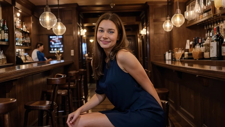 Half-length wide shot, 1 beautiful American girl, in her 40s, alone,
half body, black formal dress, with a smile on her face, ((Brown hair)), (blond hair), , ((blue eyes)), sitting in a cozy bar, at the top of a building with a panoramic view of the city with buildings illuminated night in New York City, focus on subject, ultra-detailed, realistic image, 4k