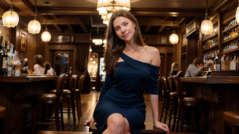 Half-length wide shot, 1 beautiful American girl, in her 40s, alone,
 half body, black formal dress, with a smile on her face, ((Brown hair)), (blond hair), , ((blue eyes)), sitting in a cozy bar, at the top of a building with a panoramic view of the city with buildings illuminated night in New York City, focus on subject, ultra-detailed, realistic image, 4k