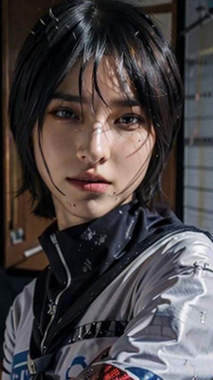 (best quality,4k,8k,highres,masterpiece:1.2),ultra-detailed,(realistic,photorealistic,photo-realistic:1.37), 1girl, konan akatsuki in anime naruto shippuden, short hair, dark blue hair, yellow eyes, beautiful detailed eyes, beautiful detailed lips, smile, black clothes, Mona's background, red lips, vivid colors, sharp focus, anime, portraits, studio lighting, fine painting, physically-based rendering.