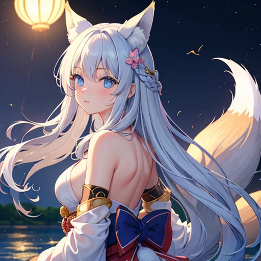 (masterpiece,best quality,ultra-detailed), an anime lady who is at 23 years old, gentle and kind, young yet mature, beautiful, caring, dearing, loving, forgiving, protective, motherly onee-chan. She has ice white side-swiped bangs, ocean blue oval eyes, arctic fox ears and tail, wearing beautiful off-shouder kimono, standing seductively, showing off her curves, smiling at viewer in a nurturing expression, in a summer night