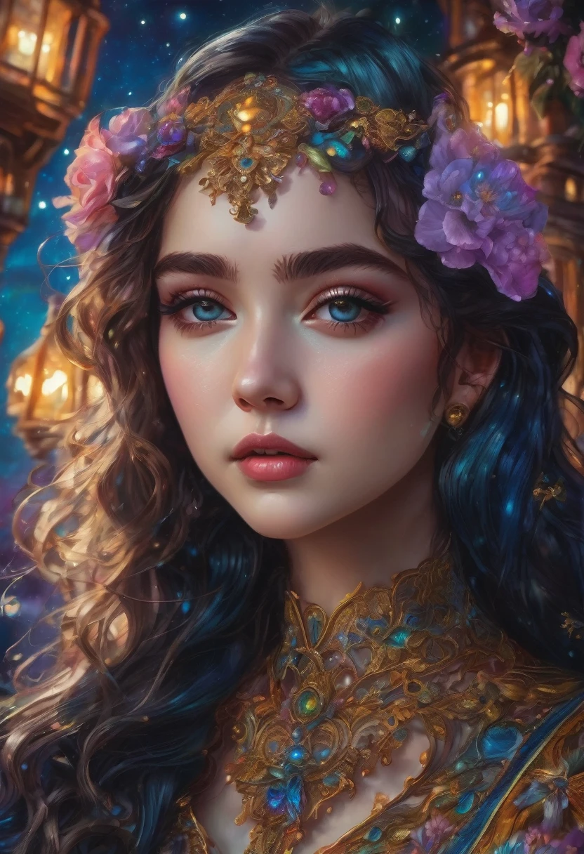 Tarot Cards, aesthetic, a girl reading tarot cards,smiling girl,beautiful detailed eyes,detailed lips,tarot cards,ancient tarot deck,illustrated tarot cards,vibrant colors,mystical atmosphere,magical garden,flowers blooming,moonlight,night sky,soft glow,artistic oil painting,highres image,(masterpiece:1.2),ultra-detailed,realistic,bokeh