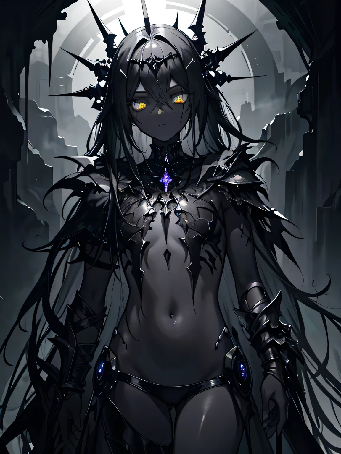 Dark fantasy, knee length portrait, beautiful biopunk tentacle girl, dividing lines on body, dark skin, dark black skin, dark gray skin, (black ashen skin), metallic gloss, white mramor helmet, short clothing, less clothes, open belly, devastated gothic environment, (cold lighting), highly detailed art, many details, extremely detailed background