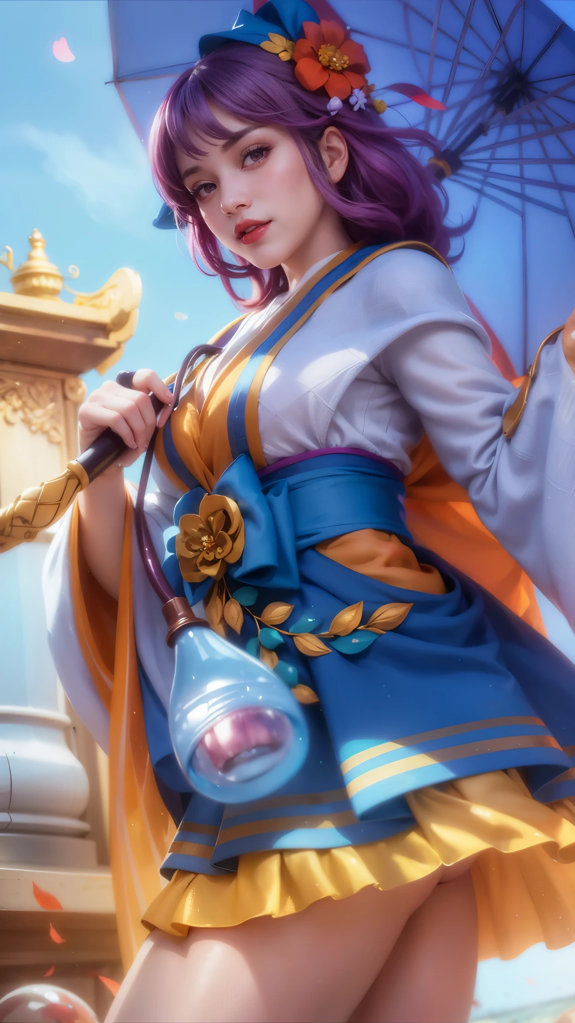 girl with purple hair holding a umbrella, red lips glossy, 8k, ultra hd, ultra detailed texture, hyper realistic, masterpiece, detailed texture, detailed face, detailed skin, detailed lighting, (photorealistic:1.5), best quality, beautiful lighting, cinematic lighting, professional lighting, ultra highres, realistic, detailed hair, real hair, high quality, (realskin:1.5), extremely detailed, finely detail, ultra-detailed, smile, purple eyes