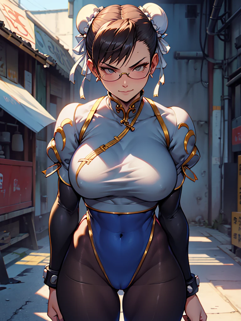 solo, masterpiece, best quality, agrias, grey sweater, black leotard, standing, looking at viewer, short hair,oculos,evil smile, evil look, chun li,luvas preta,roupa azul,yandere rosto