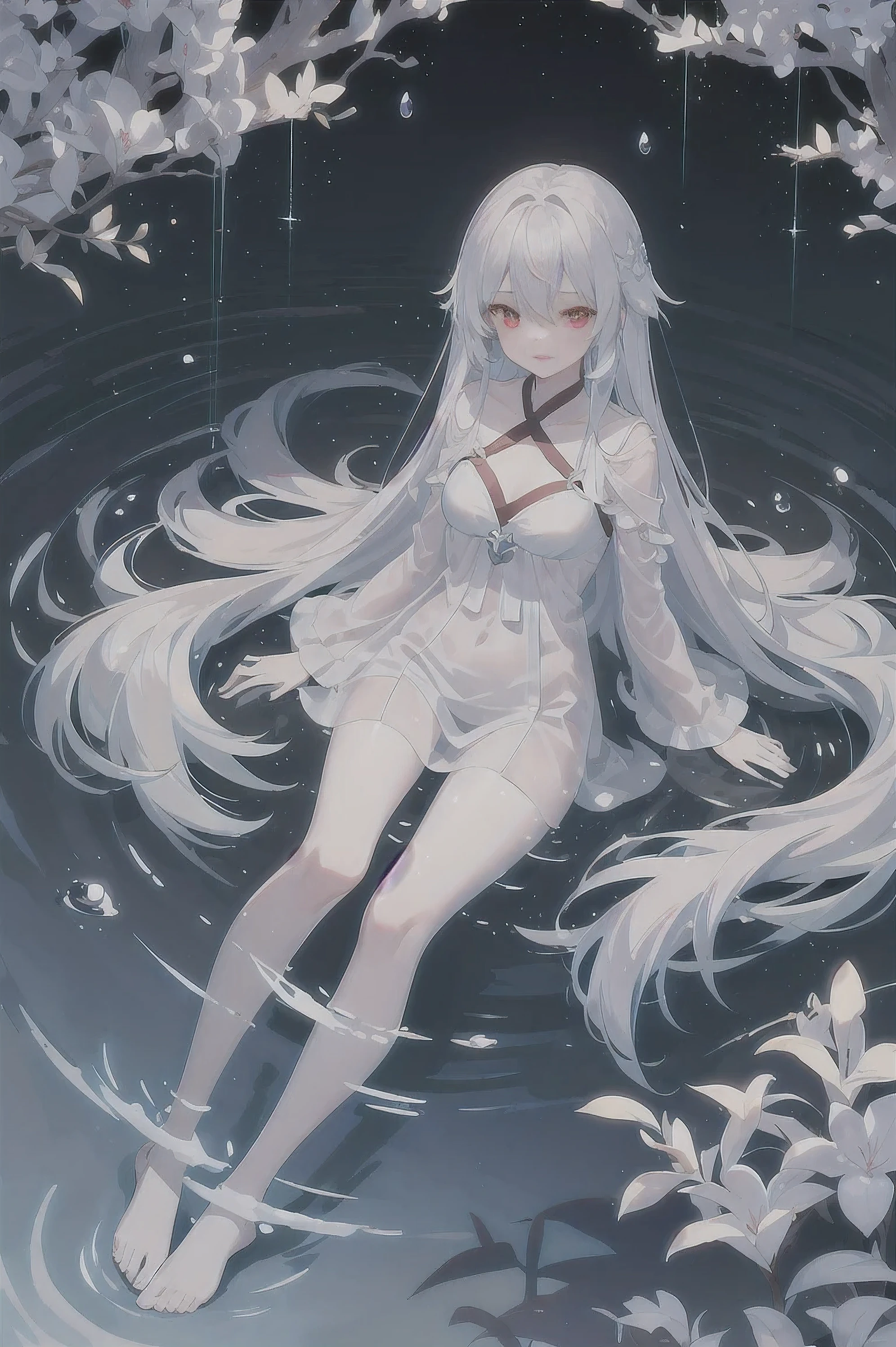 Dreamy and beautiful moonlight in the dark forest。View of a from above。(wet silver hair and red eyes)。smile slightly。She wore only a long sheer white cloth with beautiful sheer lace trim。Soak the cloth in water。(splash,Dark forest lake at night。(Hair or clothes are wet)。splash。Wet strands of hair。dripping water drops。Fantasy fireflies float in the air、Light also reflects from water。near method and far method。glitter effects。Dynamic composition with depth。extremely high quality、High level of image quality、extremely delicate。Rare workmanship,round,Room, firm breasts,No underwear),barefoot,float,water surface,(long legs,long legs,long legs,Gestalt),full-body shot。posture lying,Looking charming