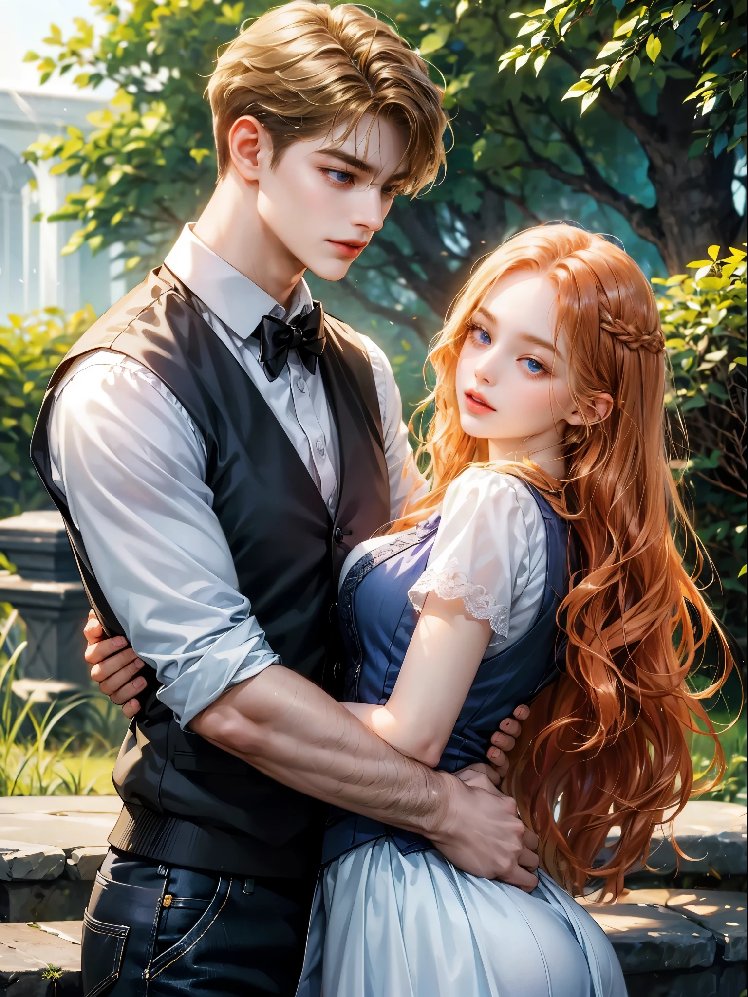 The girl has long copper colored hair, wavy hair, no bangs