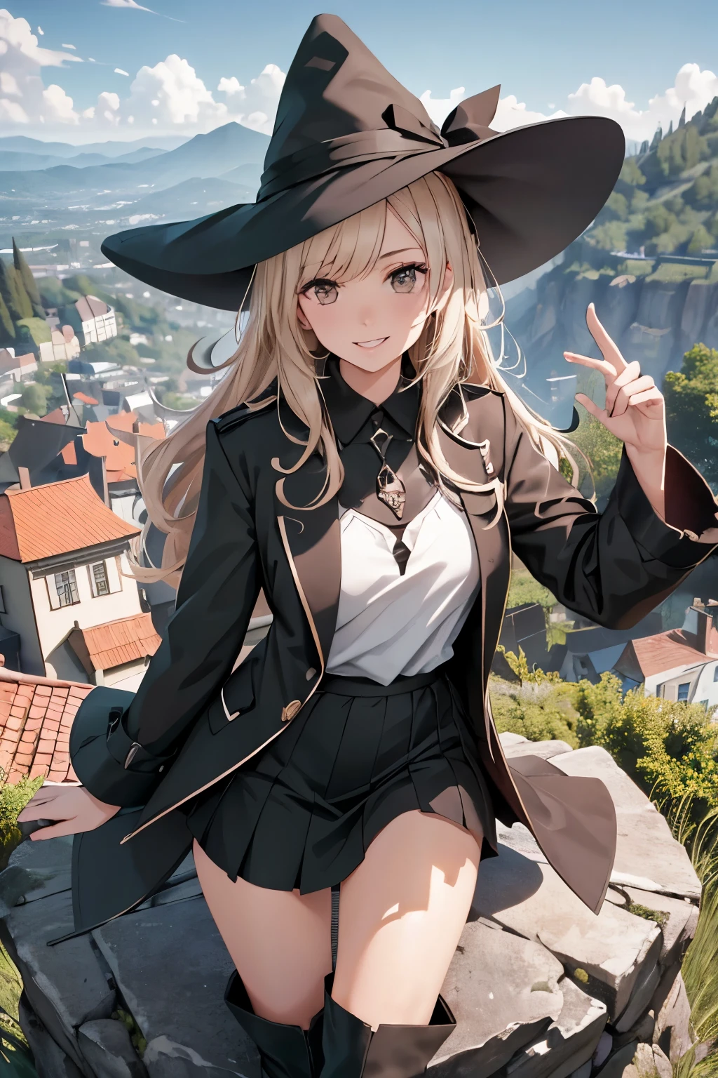 A mystical otherworldly half-timber town, Standing lxbll, Black coat, white t-shirt, a black skirt, beautiful thigh, Beautiful feet, Looking at me with a mischievous smile, Black ankle boots, Large witch hat, Dark brown eyes with highlights, On a hilltop with a panoramic view of the town, Historic big castle, hiquality, high-level image quality