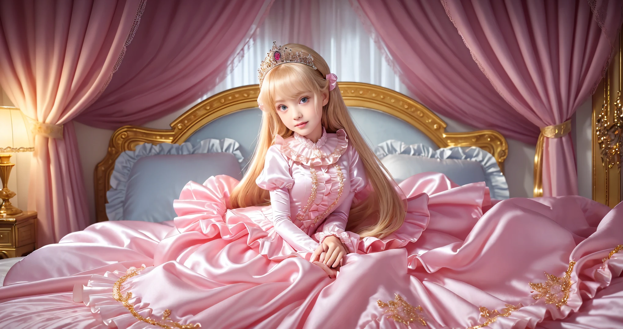 ,highest quality, masterpiece, highest resolution, artwork, super それにget used to it, many get used to it, get used to it, それにget used to it, 3K anime illustration,(( When I was )),Super detailed baby face,She is a princess,Full length ball gown dress with hoop skirt,ruffled yoke collar,puff sleeves,long sleeve,((lolita style pink princess satin dress、Comes with lots of frills and ribbons。)),colorful rococo fashion,shiny satin dress,Soft and smooth fabric,luxury,long blonde hair,blue eyes,white skin european,pajamas,((inside the palace)),,,(( When I was 10 years old)),Sd baby face,Full length ball gown dress with hoop skirt,long skirt,ruffled yoke collar,puff sleeves,腰まで伸びるlong blonde hair,blue eyes,white skin european,pajamas,((Inside the castle bedroom)),ピンクのシルクサテンのluxuryなcanopy bedの上,canopy bed,luxurious curtains under the canopy,many pink frilly pillows on the bed,super detailed background,detailed bed,silk satin bed sheets,soft pink silk satin comforter,pink soft silk satin ruffled pillow,little princess is sitting on the bed,((((large ball gown dresses that completely cover the legs)))),((((legs are hidden in the dress,Don'Don'Don't put your feet out to the side)))),Beautiful girl illustration,detailed beautiful face detailed hair,detailed human eye ,detailed mouth, arm details,fine hands,Detailed pillow,A pile of frilly pillows behind the girl,