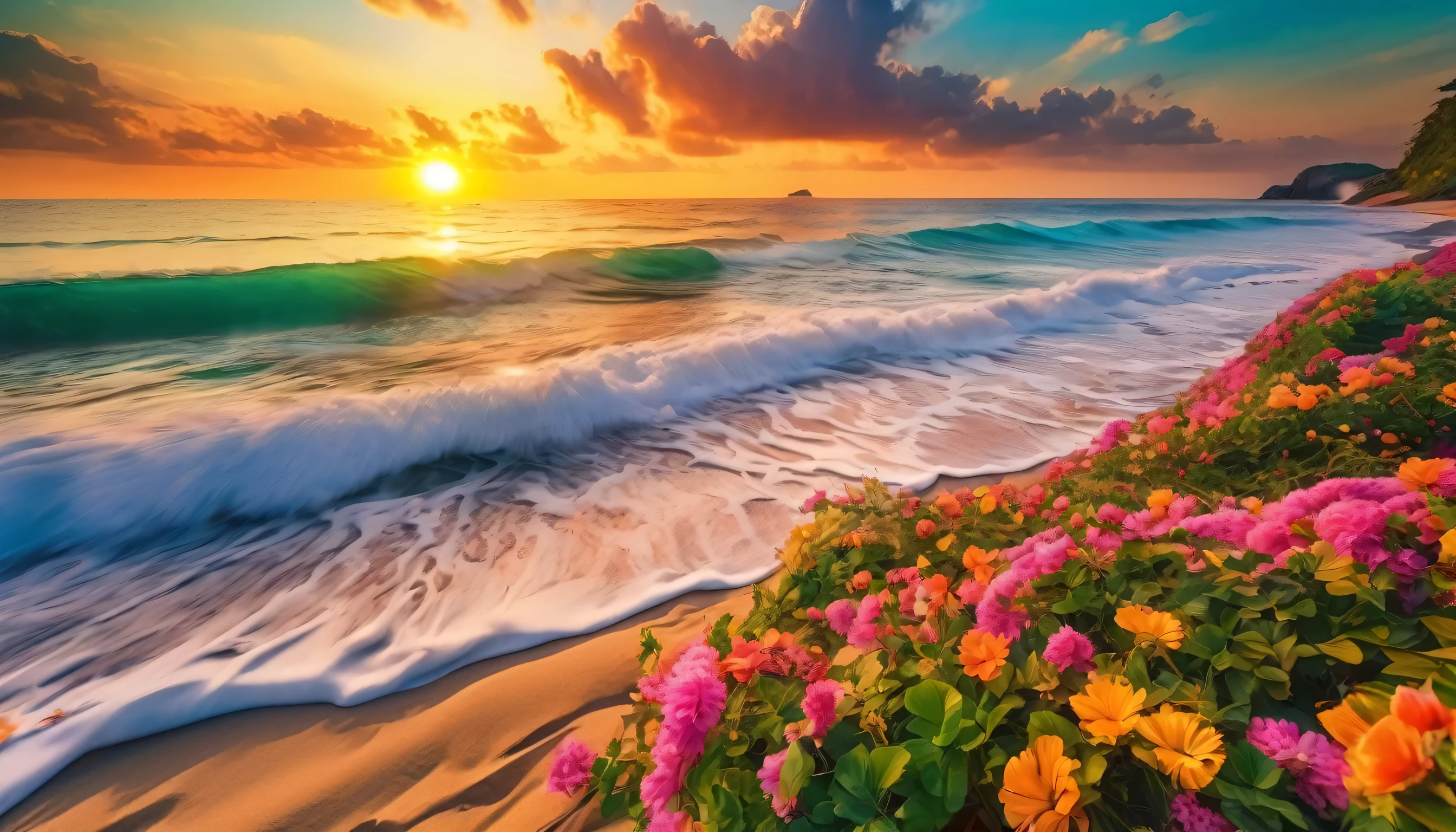 The background of the picture is peaceful by the sunset sea, and the sun was shining brightly, The waves crash against the beach, colorfyl Flowers bloom on the beach, Melodious sound, Strange clouds stand out, first-person view, panorama, UHD,(Best Quality),(Masterpiece Photos), (Details:1.4),(8k Highly Detailed)(Best Quality),(Best Shading)