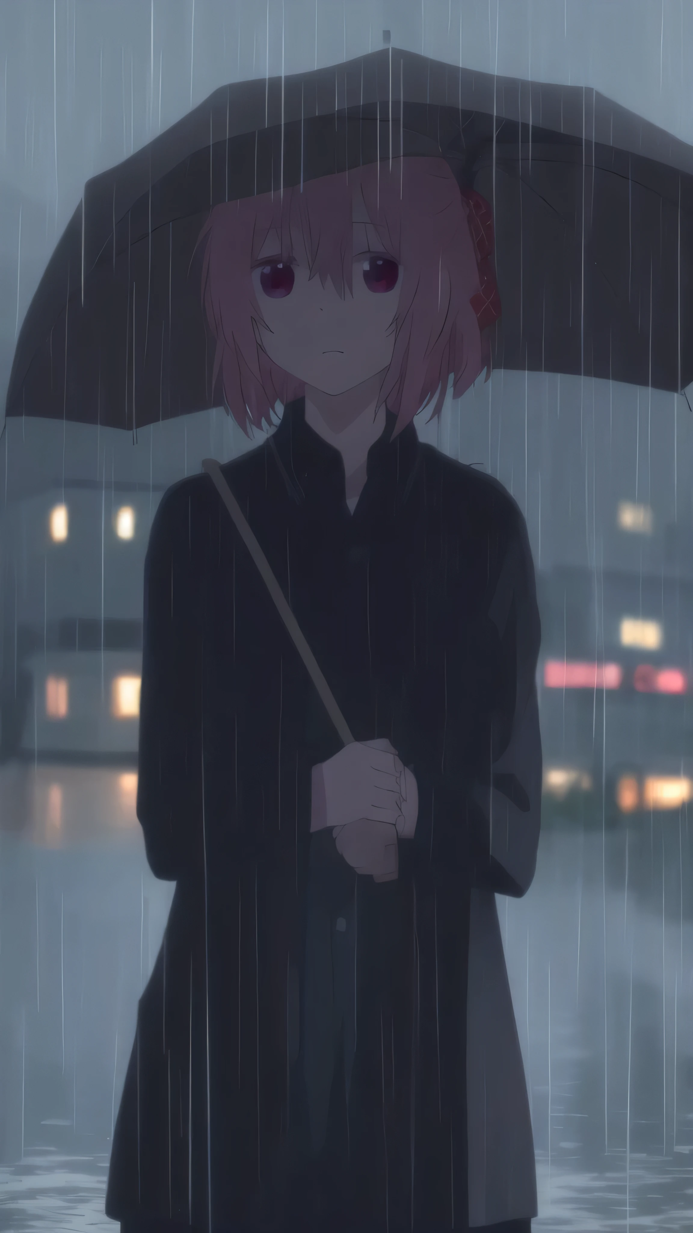 Satou, raining, outside, wet clothes, emotionless, expressionless, city atmosphere, black polo costume,