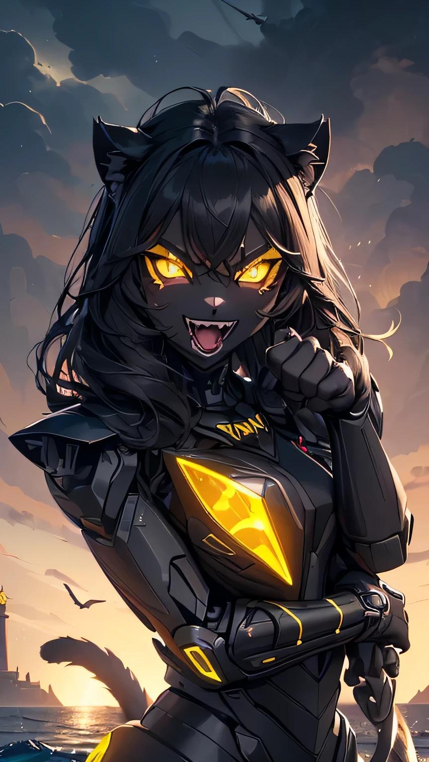 《masterpiece》, 《best quality》, 《ultra-detailed》, 

'(((1girl)))', cute, '(((augmented cyborg)))', '((((dark skin))))', '((((black fur))))', '((((glowing yellow eyes))))', '((((black exoskeleton))))', '((((black hair color))))', messy hair, '(((supple body)))', '(((scorching body)))', '(((sharp nails)))', '(((black protruding hair ornament:1.0)))', '((((fused with panther))))',

'(((((evil smile)))))', '((((open mouth))))', '(((villain)))',

'((((beckoning cat pose))))',

'(((Lighthouse)))', '(((Dark clouds are gathering)))', '((((Rough seas))))',