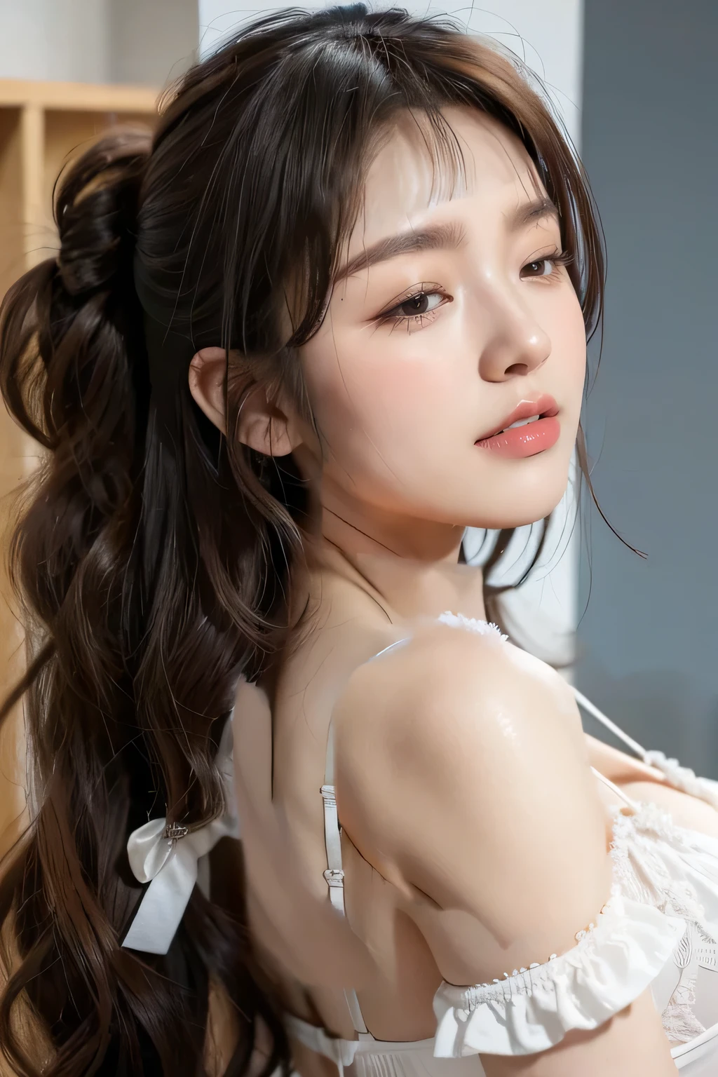 (a girl),braid hair with bangs,innocent,eighteen-year-old, body,lying in bed,devastated expression,perfect lighting,solo focus,small and firm breasts,naked,front angle,radiant skin,vibrant eyes,soft pink lips,curly lashes,ruffled bedsheets,gentle breeze,floral scent,subtle blush,natural beauty,strong emotions,tousled hair,delicate features,feminine curves,body language,raw vulnerability,tan skin tone,shadows and highlights,classical painting style,elegant composition,romantic atmosphere,soft warm tones,subdued lighting,dramatic contrast,artful chiaroscuro,ethereal aura,intricate details,realistic textures,dynamic brushstrokes, full body view