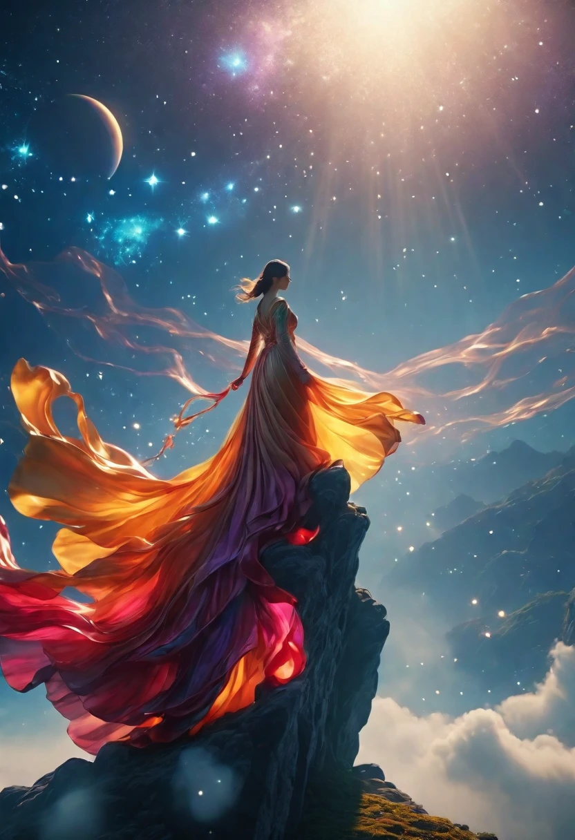 1 girl,  (3D sculpture，A woman in a long dress stands on a cliff looking at the stars, space goddess, galaxy goddess, goddess in heaven, Astral ethereal, Dreamy, Beautiful celestial mage, beautiful fantasy painting, beautiful fantasy art, Ethereal fantasy, very beautiful fantasy art, digital art fantasy, Charming and otherworldly, fantasy beauty, Beautiful Art Ultra HD 4K Presented by Octane，Volumetric light，natural soft light，), (Super exquisite:1.2, Loss of focus:1.2, Very colorful, Cinema lighting, chiaroscuro,Ray tracing), masterpiece, super rich,super detailed,8K, 3ddianshang\(style\)