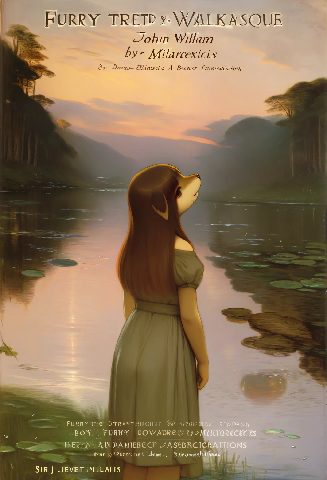 High-quality illustrations by John William Waterhouse, by Sir John Everett Millais, cover_page, highres, absurdres, detailed background, lake, dawn, detailed forest, clouds, Mysterious and romantic atmosphere, caustics surface(refraction, polarization:1.2)perfect anatomy(cute 1girl, single:1.4, kemono, solo focus, boy)volumetric lighting, Wet clothes, Water droplets, (furry anthro:1.7)(Furry body, dog facial features, dog body features)(very detailed body fur)full body, soft and delicate color palette, dramatic composition, deep shadow, dynamic lighting,
