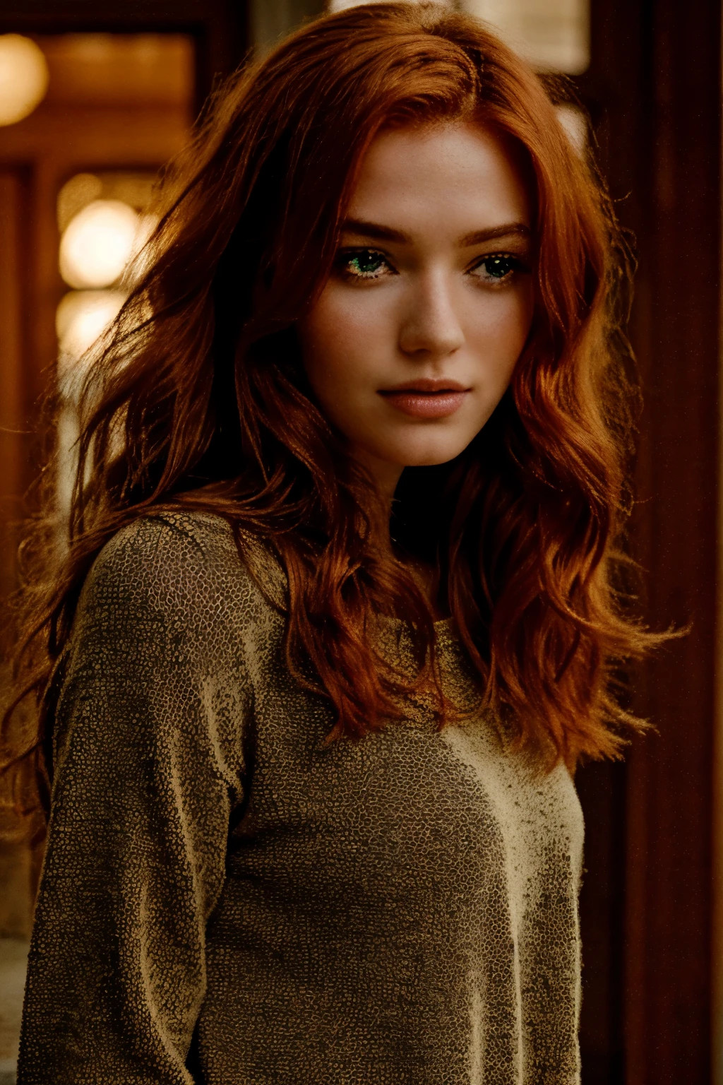 femme aux cheveux rousse aux cheveux longs et pull vert posant pour une photo, fille rousse, beautiful femme rousse, femme rousse, red wavy hair, cheveux roux qui coule, red head, elle est rousse, cute young fille rousse, red haired goddess, beautiful female model, une jeune femme rousse, aux cheveux roux et aux yeux verts, cheveux roux et traits attrayants