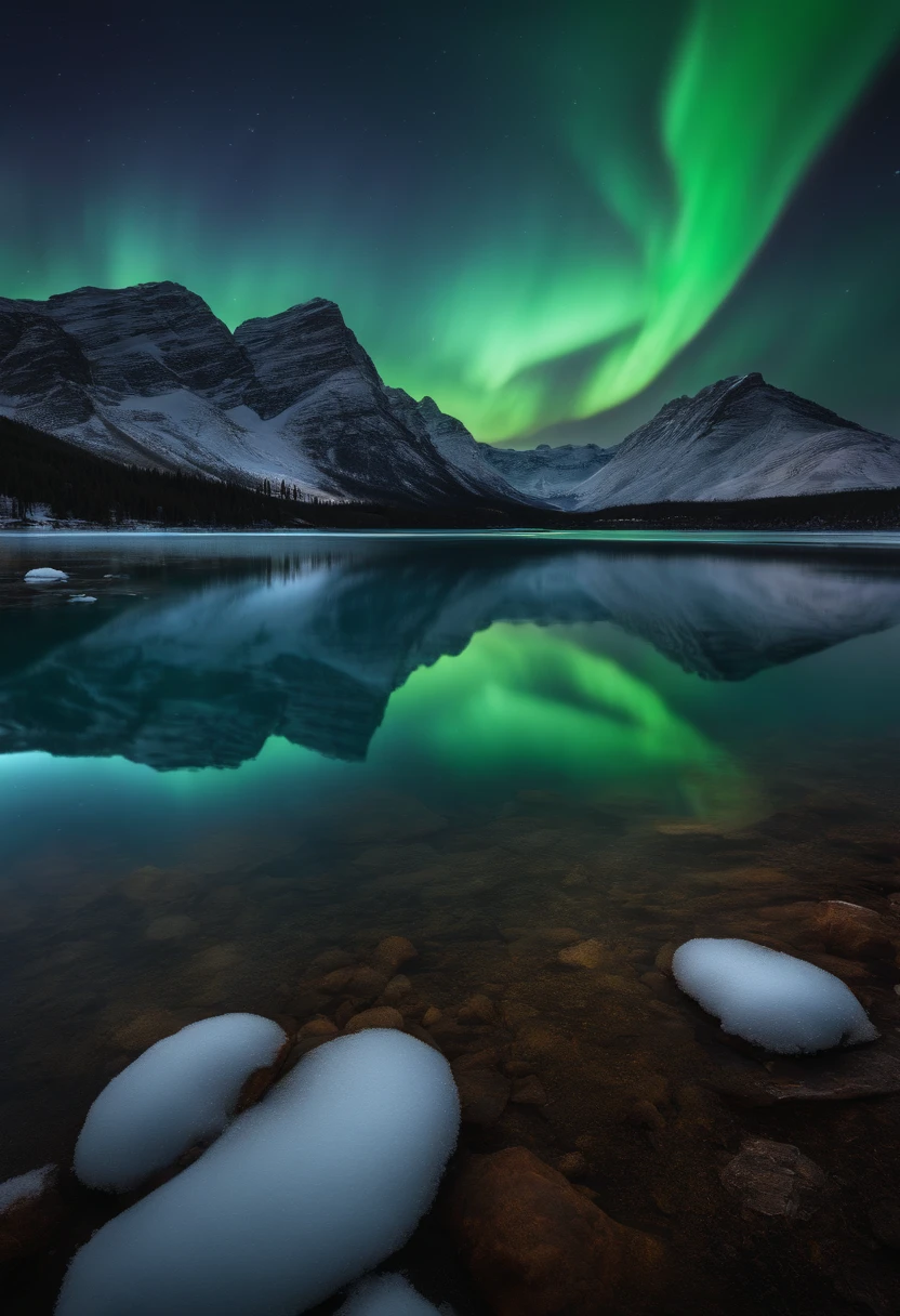 Generate a scientifically realistic photo of the aurora above a snowy mountainous landscape with a clear lake. Masterpiece, best quality, high quality, highly detailed CG unity 8k wallpaper, textured landscape, award-winning stock photography, bokeh, depth of field, HDR, bloom, chromatic aberration, ((photorealistic)), highly detailed, rich colors, dramatic lighting


