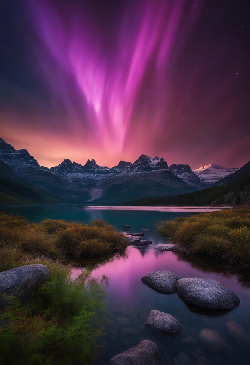 Generate a scientifically realistic photo of the aurora above a snowy mountainous landscape with a clear lake. Masterpiece, best quality, high quality, highly detailed CG unity 8k wallpaper, textured landscape, award-winning stock photography, bokeh, depth of field, HDR, bloom, chromatic aberration, ((photorealistic)), highly detailed, rich colors, dramatic lighting