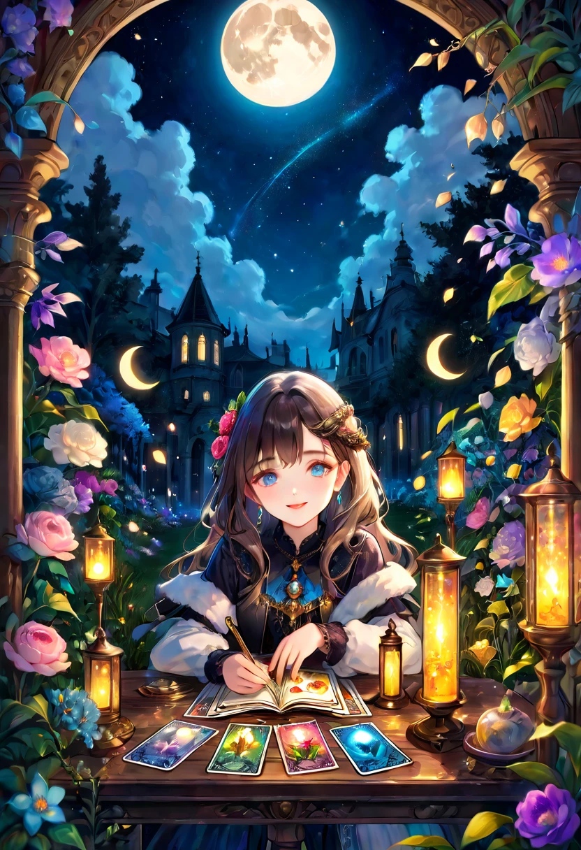 Tarot Cards, aesthetic, a girl reading tarot cards,smiling girl,beautiful detailed eyes,detailed lips,tarot cards,ancient tarot deck,illustrated tarot cards,vibrant colors,mystical atmosphere,magical garden,flowers blooming,moonlight,night sky,soft glow,artistic oil painting,highres image,(masterpiece:1.2),ultra-detailed,realistic,bokeh