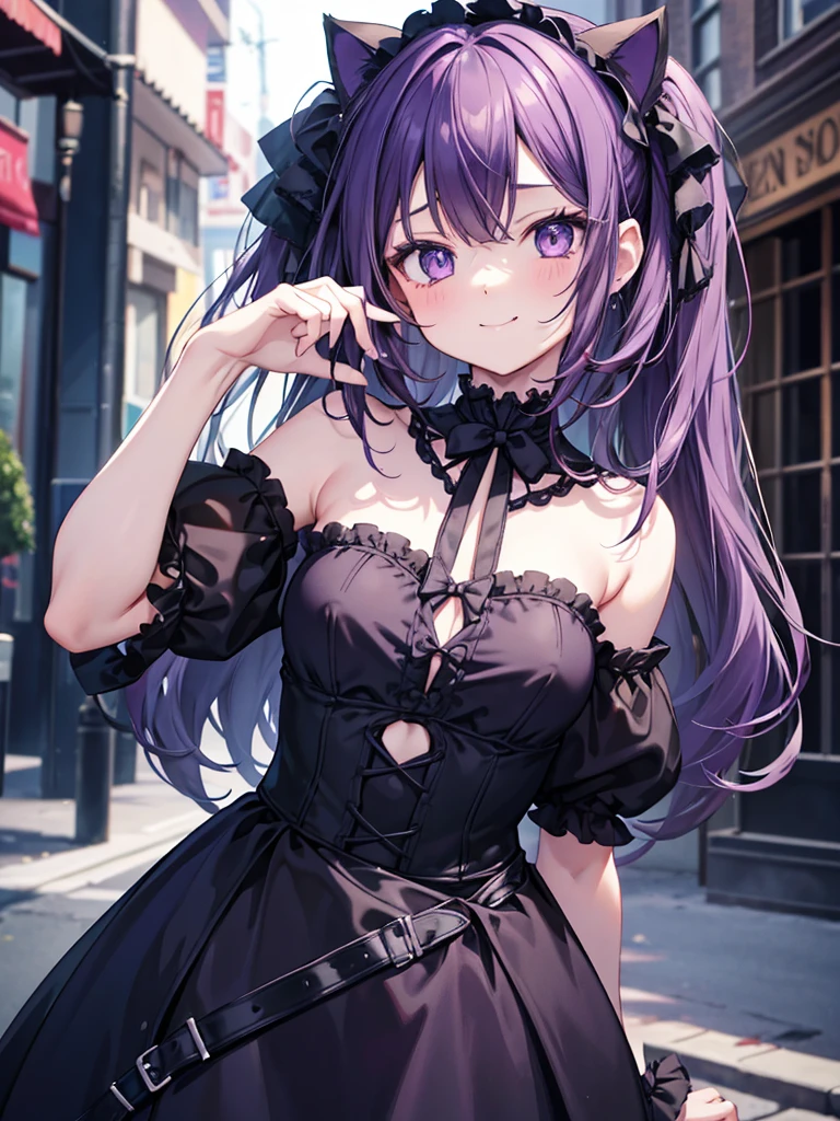 Gothic ta face and body facing the camera {{{{{show your armpits}}}}} Dark purple straight hair10young girl in the street narrow eyes open your mouth goth clothes topless small breasts nipple Cat ear heart mark smile solo sexy pose nsfw