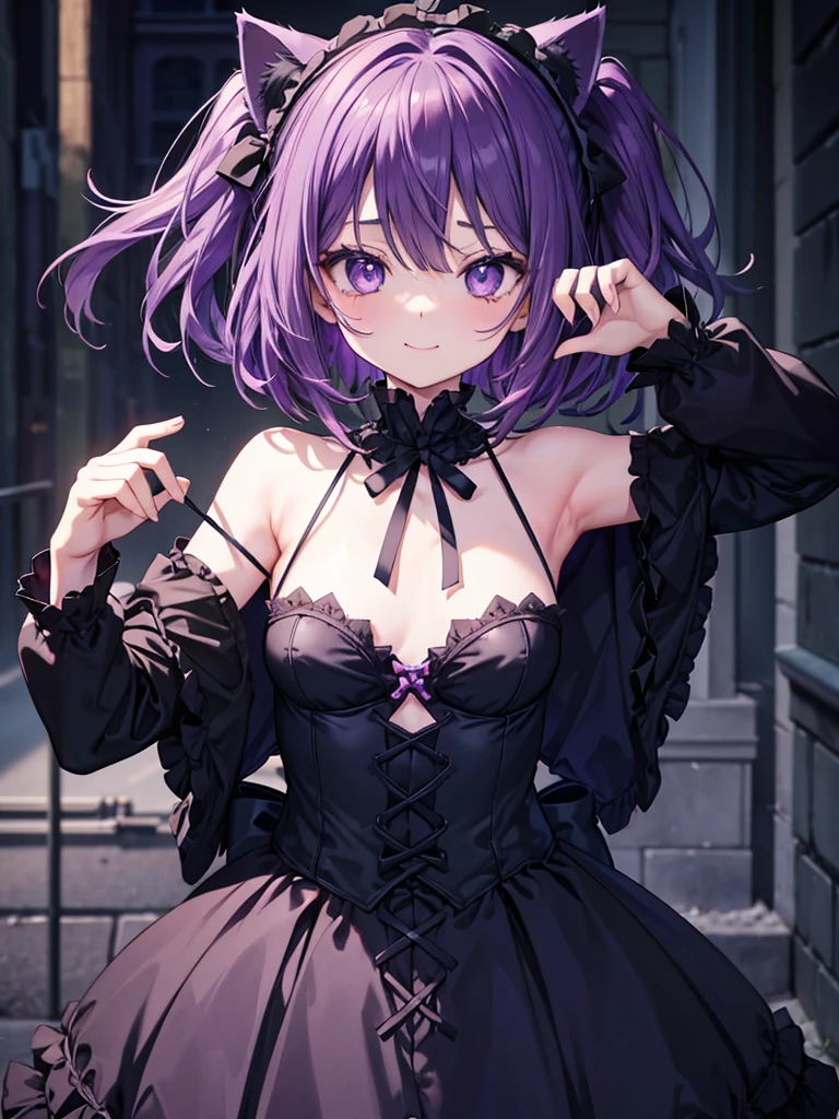 Gothic lolita face and body facing the camera {{{{{show your armpits}}}}} Dark purple straight hair10young girl in the street narrow eyes open your mouth goth clothes topless small breasts nipple Cat ear heart mark smile solo sexy pose nsfw