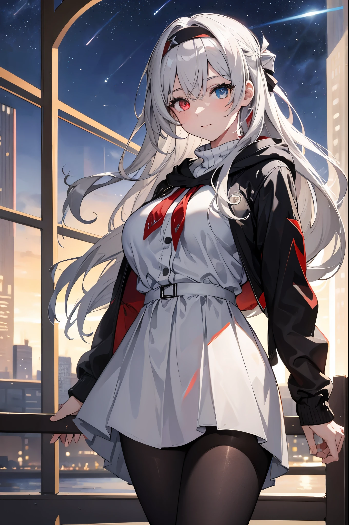 (best quality:1.3), (masterpiece:1.3), (illustration:1.3), (ultra-detailed:1.3), (mid shot:0.9), 1girl, heterochromia eyes, (((red right eye and gray left eye))), (((red right eye))), (((gray left eye))), (((heterochromia))), black headband, white hair, bangs, open sweater hoodie, solo, (((large breasts))), tall, mature, night sky, starry sky, long hair, light smile, skirt, pantyhose, mature, 20 years old,