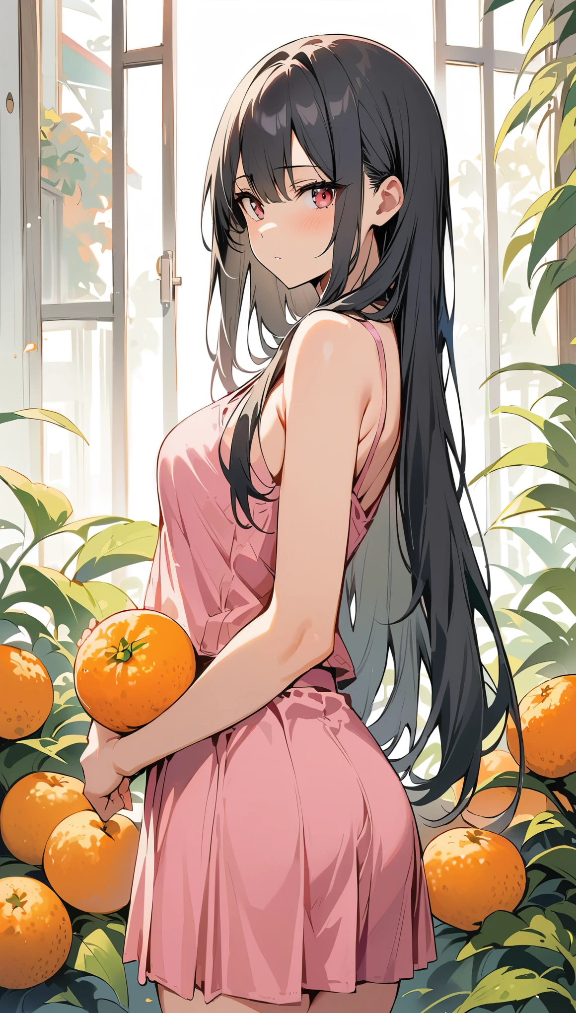 (masterpiece, best quality:1.2), 1 girl, alone,permanent_, 
Mandarin oranges, long hair，Black无袖短背心，pink skirt，Black