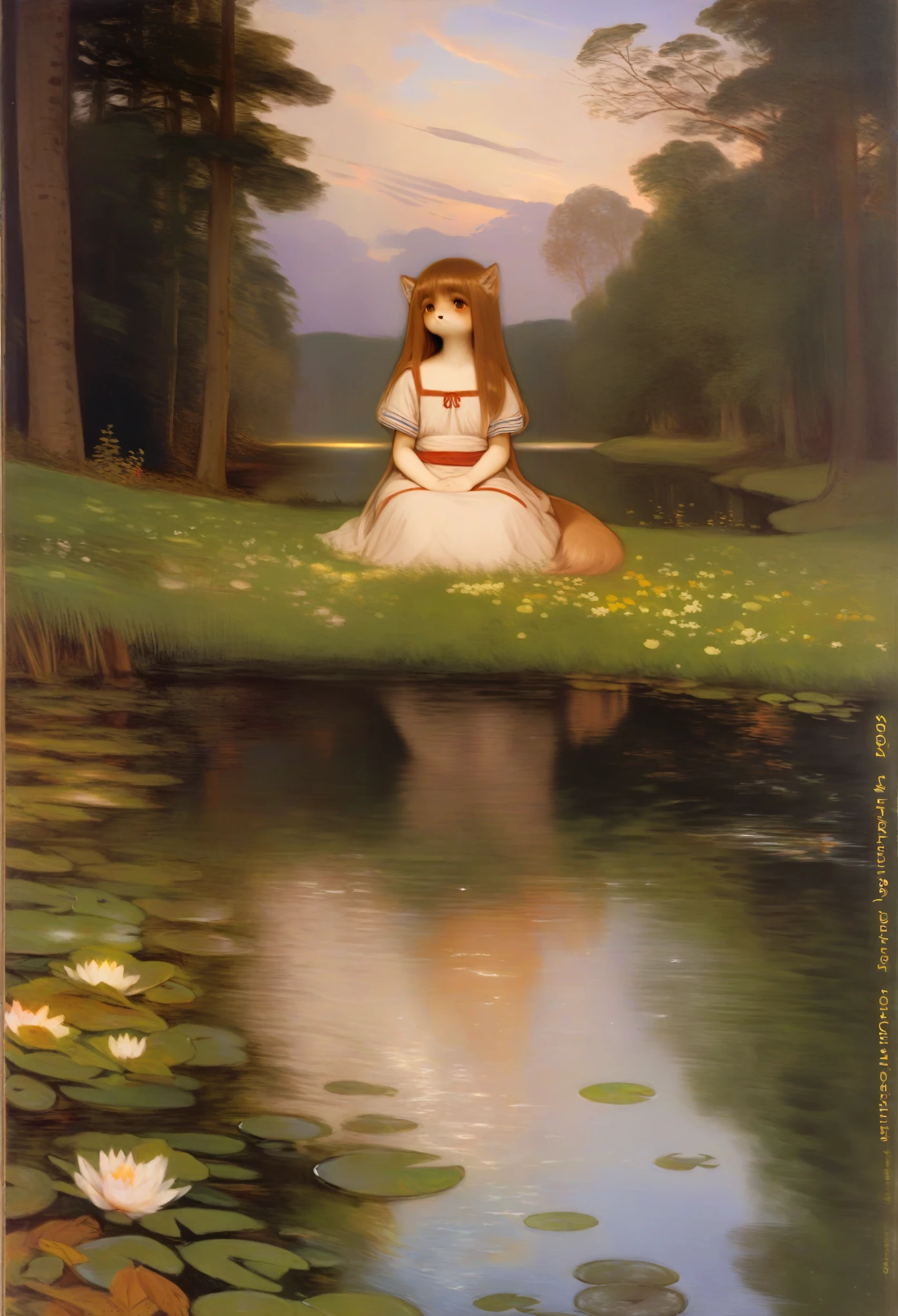 High-quality illustrations by John William Waterhouse, by Sir John Everett Millais, cover_page, highres, absurdres, detailed background, lake, dawn, detailed forest, clouds, Mysterious and romantic atmosphere, caustics surface(refraction, polarization:1.2)perfect anatomy(cute 1girl, single:1.4, kemono, solo focus, boy)volumetric lighting, Wet clothes, Water droplets, (furry anthro:1.7)(Furry body, dog facial features, dog body features)(very detailed body fur)full body, soft and delicate color palette, dramatic composition, deep shadow, dynamic lighting,