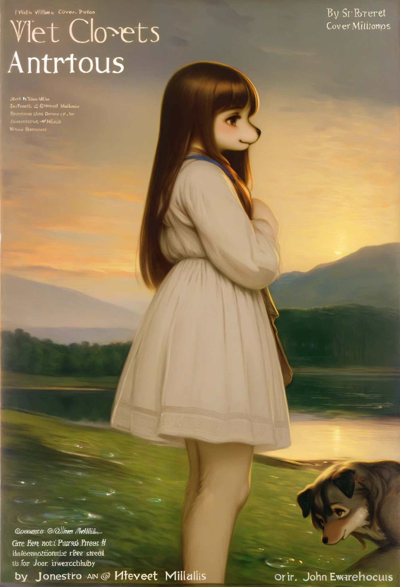 High-quality illustrations by John William Waterhouse, by Sir John Everett Millais, cover_page, highres, absurdres, detailed background, lake, dawn, detailed forest, clouds, Mysterious and romantic atmosphere, caustics surface(refraction, polarization:1.2)perfect anatomy(cute 1girl, single:1.4, kemono, solo focus, boy)volumetric lighting, Wet clothes, Water droplets, (furry anthro:1.7)(Furry body, dog facial features, dog body features)(very detailed body fur)full body, soft and delicate color palette, dramatic composition, deep shadow, dynamic lighting,
