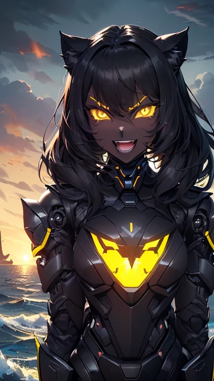 《masterpiece》, 《best quality》, 《ultra-detailed》,
'(((1girl)))', cute, '(((augmented cyborg)))', '((((dark skin))))', '((((black fur))))', '((((glowing yellow eyes))))', '((((black exoskeleton))))', '((((black hair color))))', messy hair, '(((supple body)))', '(((scorching body)))', '(((sharp nails)))', '(((black protruding hair ornament:1.0)))', '((((fused with panther))))',
'(((((evil smile)))))', '((((open mouth))))', '(((villain)))',
'((((beckoning cat pose))))',
'(((Lighthouse)))', '(((Dark clouds are gathering)))', '((((Rough seas))))',