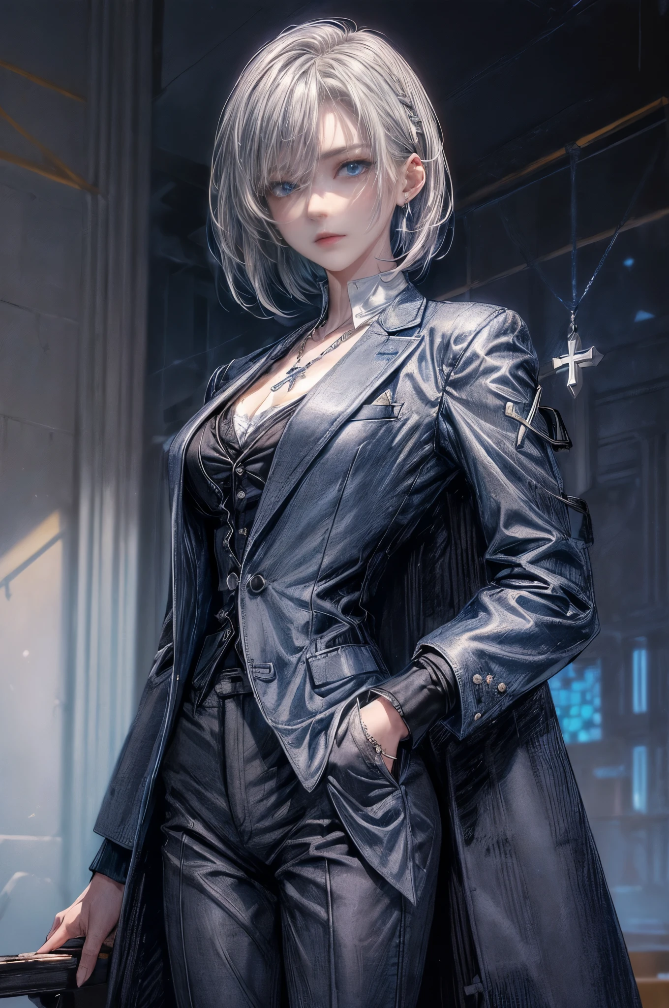 cinematic lighting、highest quality,Bright cyberpunk world、1 female、(25 year old beautiful woman、detailed beautiful facial 、short hair、shoulder length hair、blue eyes:1.4)break,medium hair、(vivid Shiny Blackヘアカラー:1.6)
break
(Perfect dark grey jacket blazer、Dark gray trousers:1.3), (white collar shirt👔、Silver Cross Necklace:1.3)、break.(blue hair)
(stylish, modern architectural style、bright ceremony atmosphere、A spacious room with large windows々としたstylishなモダンな会場、daytime:1.2)break(portrait angle)