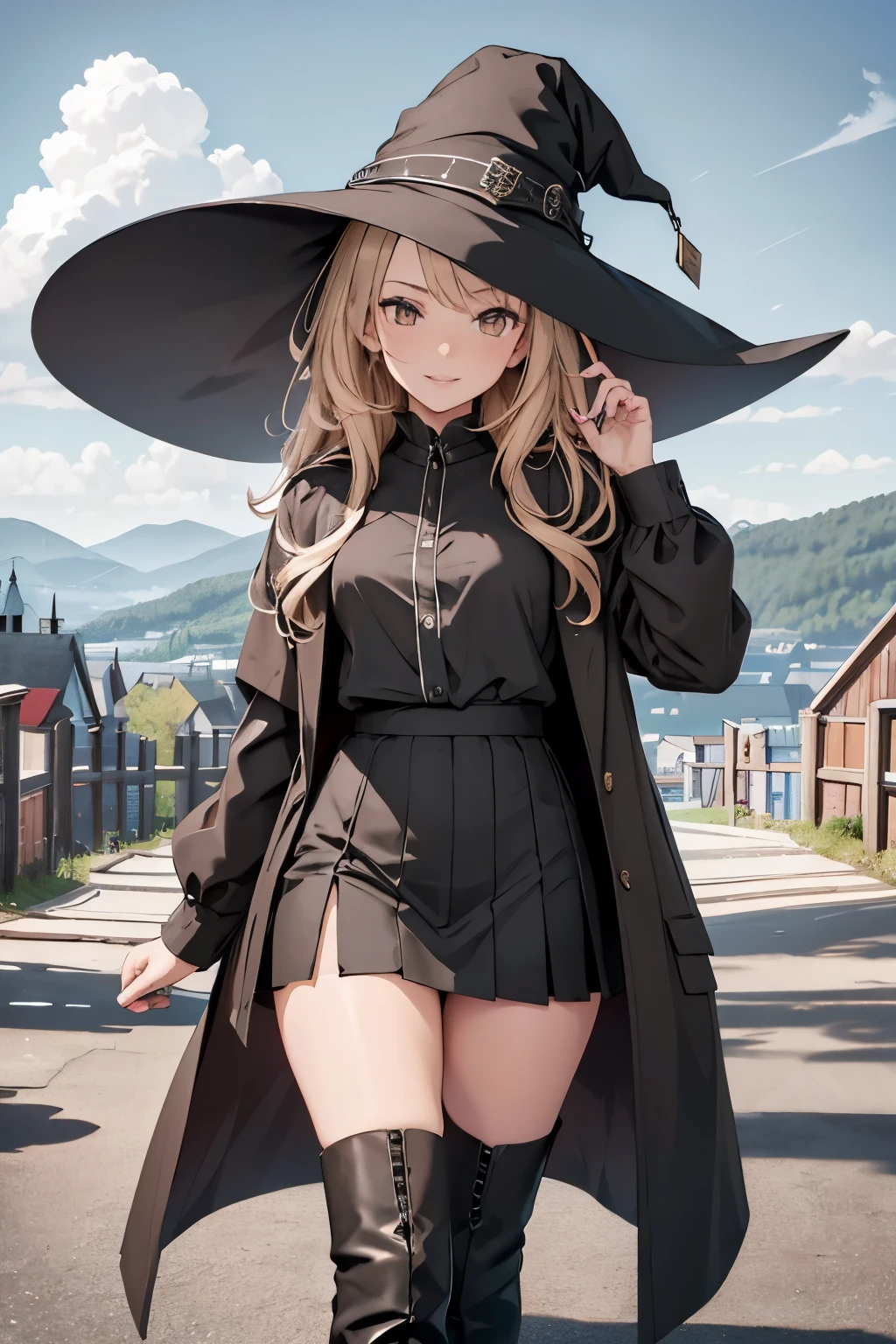 A mystical otherworldly half-timber town, Standing lxbll, Black coat, white t-shirt, a black skirt, beautiful thigh, Beautiful feet, Looking at me with a mischievous smile, Black ankle boots, Large witch hat, Dark brown eyes with highlights, On a hilltop with a panoramic view of the town, Historic big castle, hiquality, high-level image quality