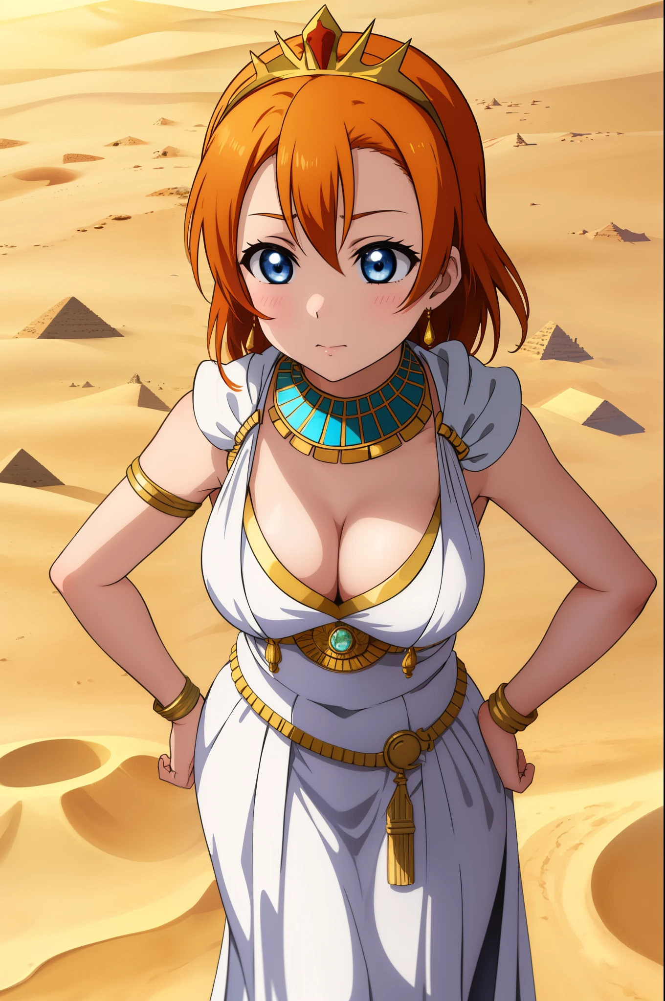 Masterpiece,kousaka honoka, blue eyes, orange hair,beautiful , looking away,arrogant,(one hand on hip),cleavage,(white exposing Egyptian dress), tiara,in Egyptian desert