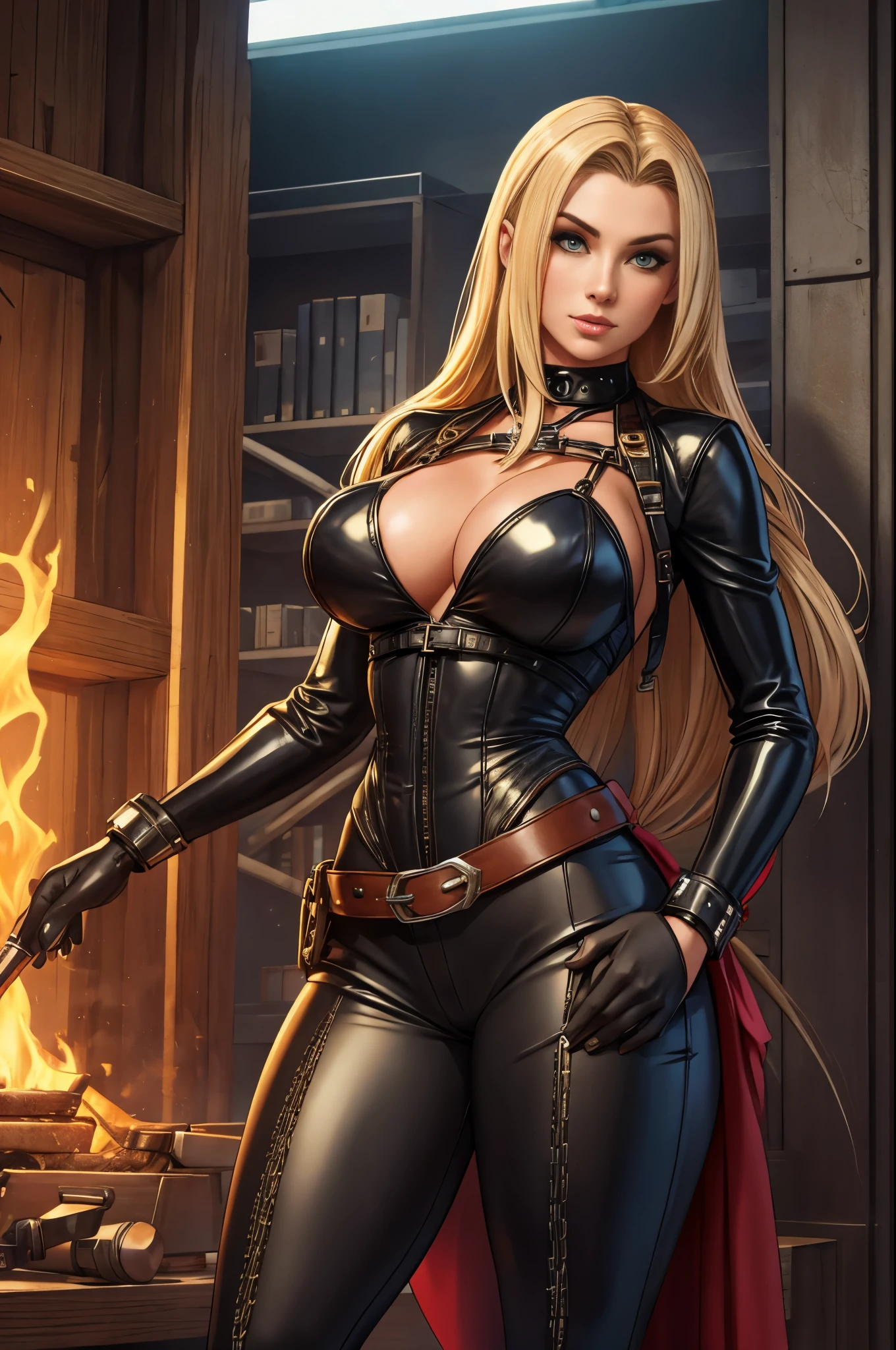 gorgeous woman, atomic corset, atompunk, long flaxen hair, leather pants, belts and straps, pouches and vials, chains, standing in an atomic workshop