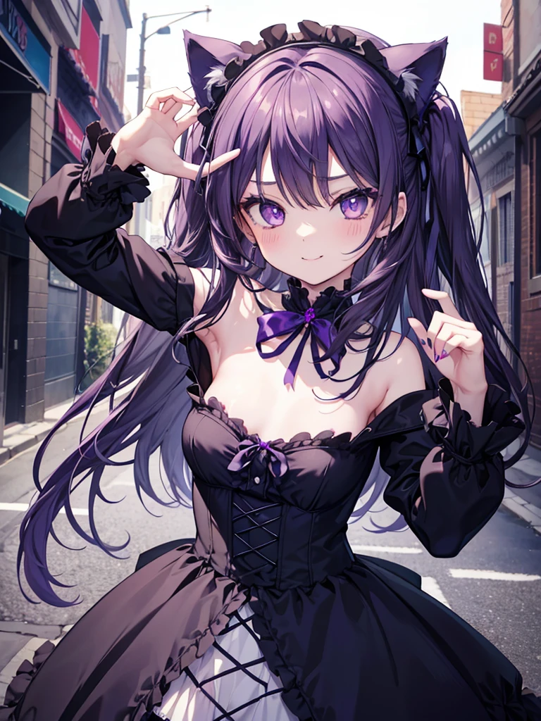 Gothic lolita face and body facing the camera {{{{{show your armpits}}}}}　Dark purple straight hair１０young girl　in the street　narrow eyes　open your mouth　goth clothes　topless　flat chest　nipple　Cat ear　heart mark smile　solo 　sexy pose　nsfw