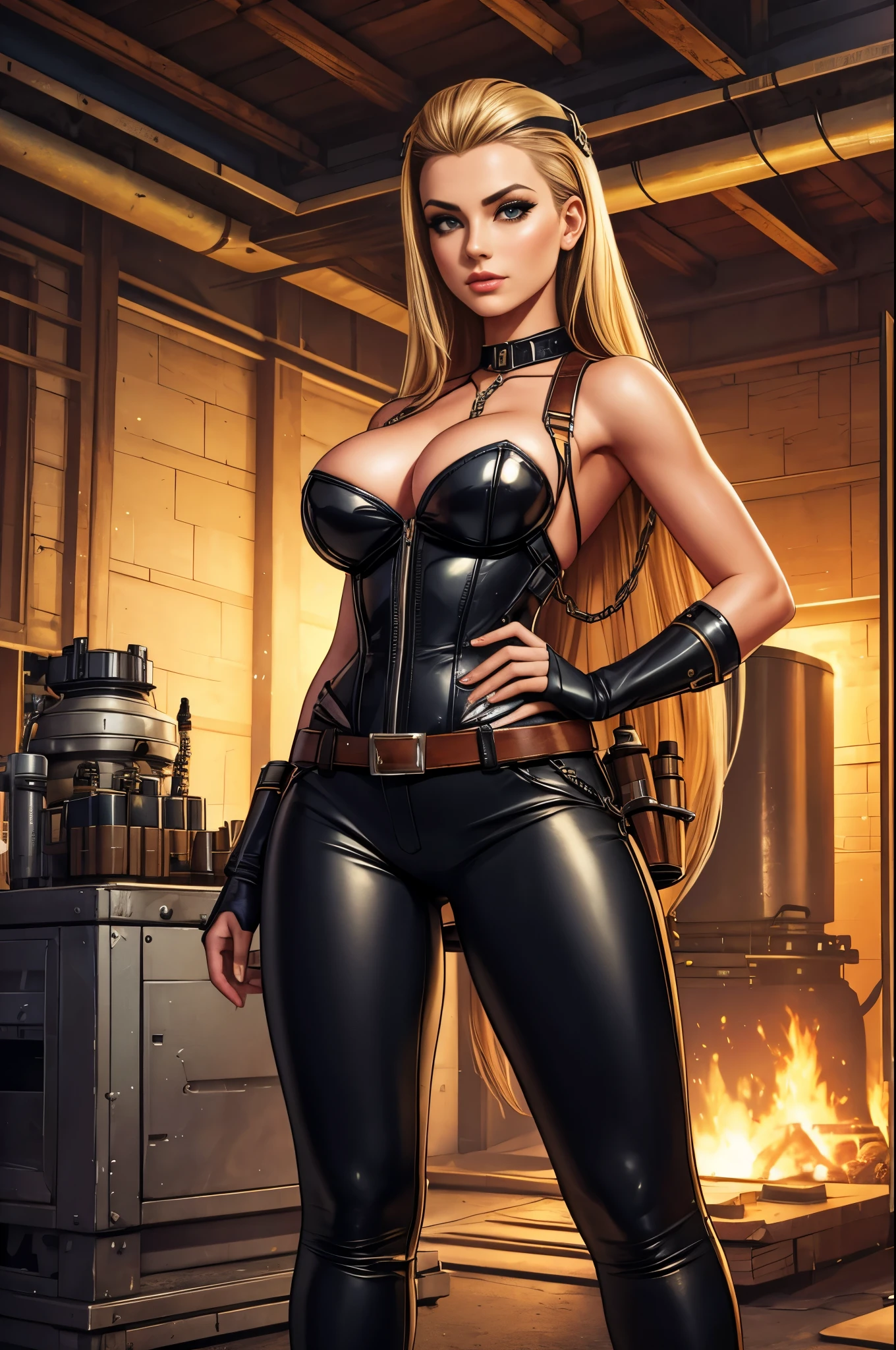 gorgeous woman, atomic corset, atompunk, long flaxen hair, leather pants, belts and straps, pouches and vials, chains, standing in an atomic workshop