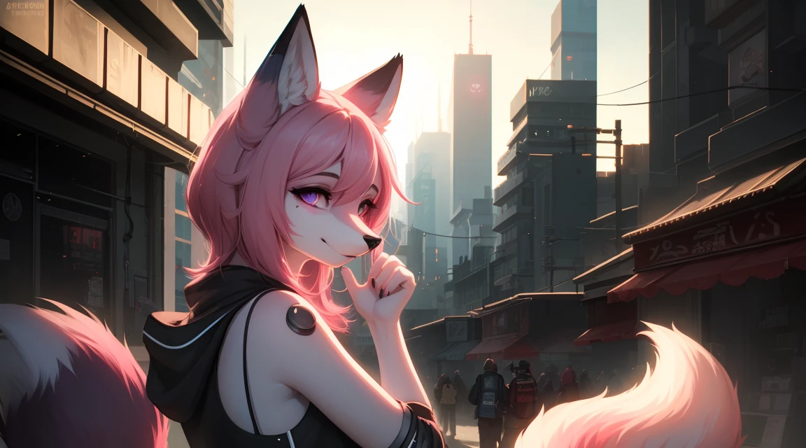 Cyberpunk fox, Beautiful light and shadows on a beautiful face with light pink hair、Ambientebeleuchtung am Strand、Ultra-fine fur、Das volumetrische Licht ist sehr detailliert，Furry art of the highest quality