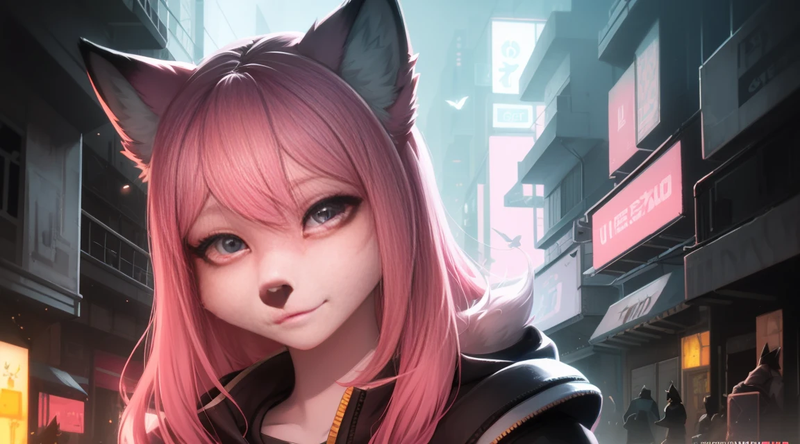 Cyberpunk fox, Beautiful light and shadows on a beautiful face with light pink hair、Ambientebeleuchtung am Strand、Ultra-fine fur、Das volumetrische Licht ist sehr detailliert，Furry art of the highest quality