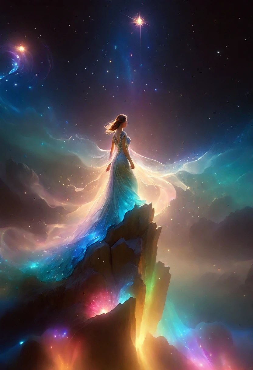 1 girl,  (3D sculpture，A woman in a long dress stands on a cliff looking at the stars, space goddess, galaxy goddess, goddess in heaven, Astral ethereal, Dreamy, Beautiful celestial mage, beautiful fantasy painting, beautiful fantasy art, Ethereal fantasy, very beautiful fantasy art, digital art fantasy, Charming and otherworldly, fantasy beauty, Beautiful Art Ultra HD 4K Presented by Octane，Volumetric light，natural soft light，), (Super exquisite:1.2, Loss of focus:1.2, Very colorful, Cinema lighting, chiaroscuro,Ray tracing), masterpiece, super rich,super detailed,8K, 3ddianshang\(style\)