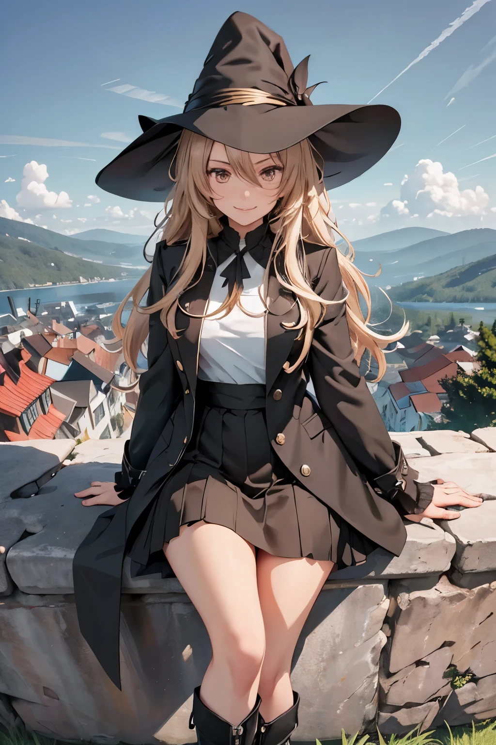 A mystical otherworldly half-timber town, Standing lxbll, Black coat, white t-shirt, a black skirt, beautiful thigh, Beautiful feet, Looking at me with a mischievous smile, Black ankle boots, Large witch hat, Dark brown eyes with highlights, On a hilltop with a panoramic view of the town, Historic big castle, hiquality, high-level image quality